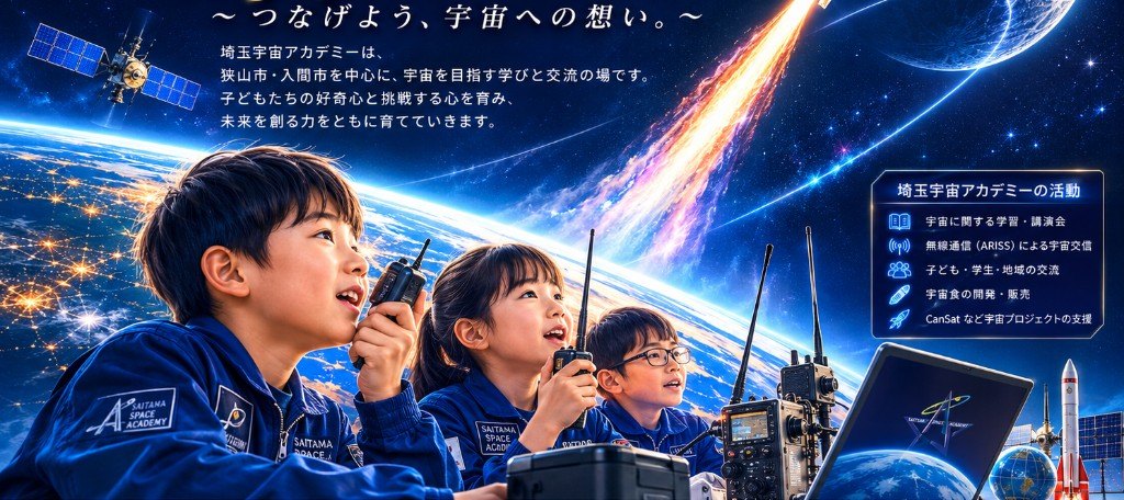 無線機を手に空を見上げる子どもたち。地球・ロケット・衛星とともに「つなげよう、宇宙への想い。」とあり、学習・講演会、ARISSによる宇宙交信、交流、宇宙食、CanSatが描かれた埼玉宇宙アカデミーのイラスト